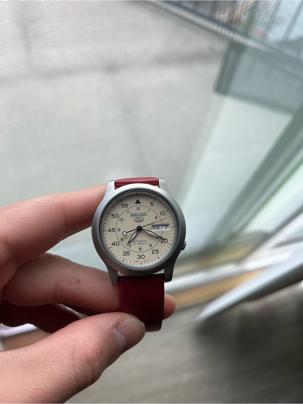 Seiko Beige Dial Watch with Red Leather Strap